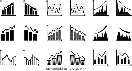 A set of black and white business chart and graph icons in various styles and shapes, isolated on white background