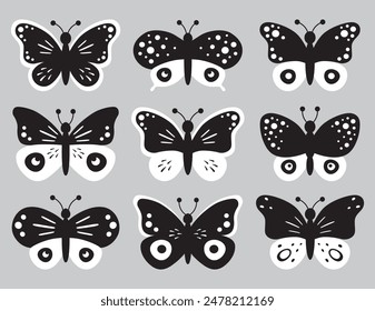 Set of black and white butterflies isolated on white background, collection of silhouettes. Butterfly black color, flying shape, vector design. Modern monarch butterfly contours for decoration design