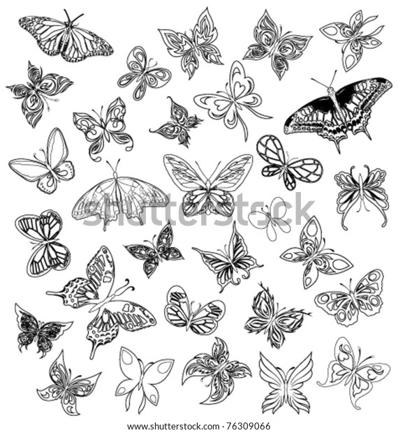 Set Black White Butterflies Tattoo Stock Vector Royalty Free 76309066