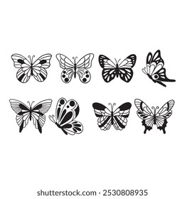 Conjunto de ilustraciones de mariposas en blanco y negro con varias Formas y patrones de alas. Siluetas de Vector aisladas sobre fondo blanco. Conveniente para el uso del tatuaje, de la plantilla, o del diseño decorativo.