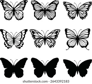 Conjunto de Silhuetas de Borboleta Preto e Branco | Ilustrações de insetos vetoriais vintage para corte e design a laser