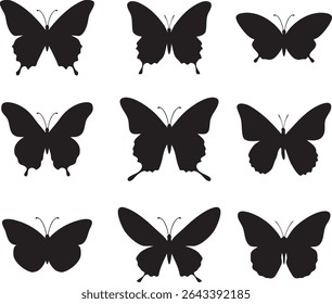Conjunto de Silhuetas de Borboleta Preto e Branco | Ilustrações de insetos vetoriais vintage para corte e design a laser