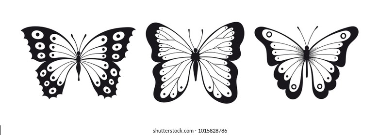 Set of black and white butterfly sillhouettes isolated on white background, set of icons