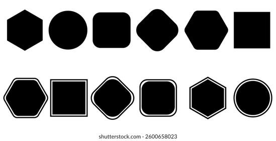 set of black and white buttons with red ribbon. Black cute flat icons set. Black and white shape design elements. Shape elements with sharp and rounded edges