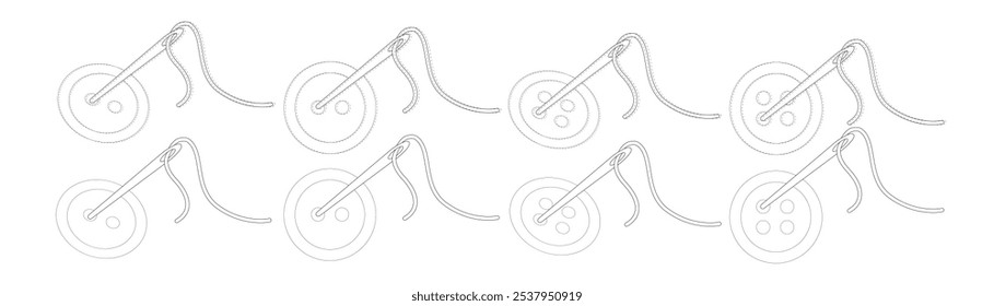 Conjunto de botões pretos e brancos com uma agulha de costura. Botões de silhueta com dois e quatro furos. Contorno de fios com uma agulha que costura botões. Decoração de costura, elementos