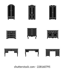 Set of black and white cabinet, wardrobe and writing table icons isolated. Drawer, closet, dresser pictogram