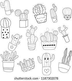 A set of black and white cacti in pots. The vector is made in the style of doodle