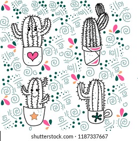 A set of black and white cacti in pots with the addition of colored elements. Vector in the style of doodle