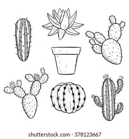 Set of Black and White Cactus With Sketchy Style