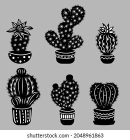 Conjunto de cactús blancos y negros en macetas. Imágenes de plantas domésticas aisladas del fondo. Imagen vectorial.