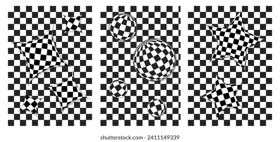 Set of black and white cage backgrounds and 3d-figures. Templates for banner, cover, poster, postcard. Abstract black and white patterns. Optical 3D art