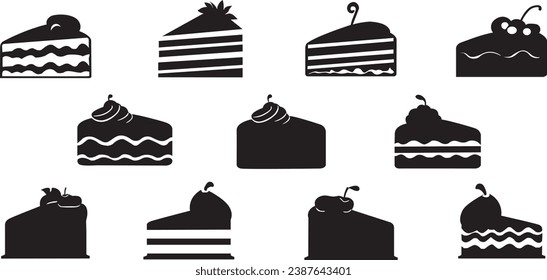 Set of black and white cake slices. Cake slice vector icons. Set of cake slice silhouettes.