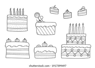 Eine Reihe von schwarz-weißem Kuchen mit verschiedenen Dekorationen. Doodle einzeln auf weißem Hintergrund.