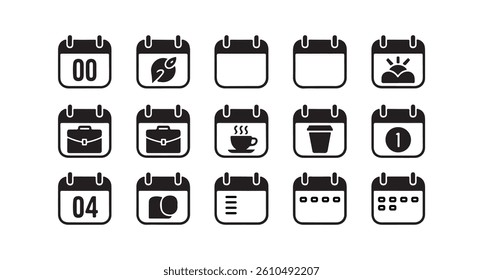 Set of Black and White Calendar Icons with Various Activities