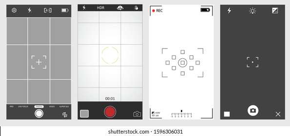 Set of black and white camera viewfinder. Camera back and focus frames view. Vector illustration. 