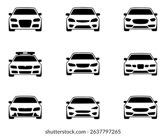 Set of black and white car silhouettes front view