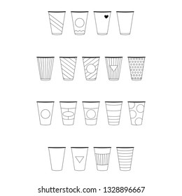 Set of black and white cardboard cup. Vector cup set icon. Isolated party cup.