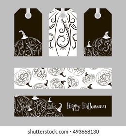 Set of black and white cards pumpkin with abstract patterns on halloween, harvest festival or party, stickers vector illustration