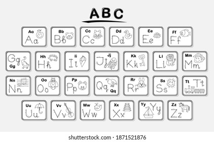 Juego de tarjetas en blanco y negro para estudiar ABC con imágenes. Juego educativo. Ilustración de libros de texto escolares para niños pequeños. Aprende a trazar letras del alfabeto inglés. Educación en línea para niños.