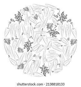 Un conjunto de zanahorias negras y blancas en círculo. Gráficos vectoriales. Alimentos saludables.