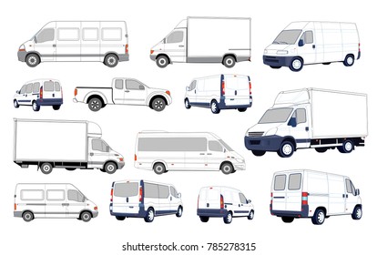 Set of black and white cars. Collection of various passenger cars and delivery trucks.