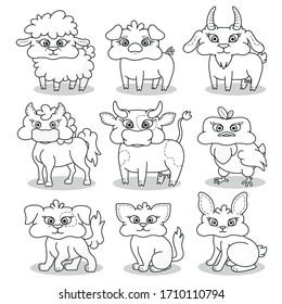 Set of black and white cartoon animals animals vector line Coloring Book 