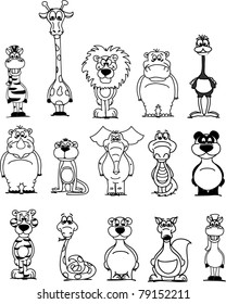 set of black and white cartoon animals