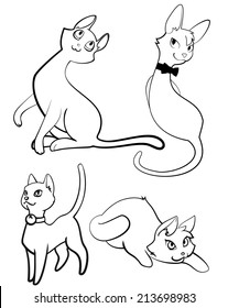 Set of black and white cartoon cats  for coloring. Vector line art.