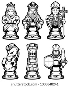 Conjunto de personajes o mascotas de ajedrez con dibujos animados en blanco y negro, incluyendo peón, rook, caballero, obispo, reina y rey. Compruebe también la versión coloreada de las cifras de mi portafolio.