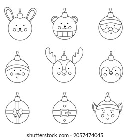 Set of black and white cartoon Christmas baubles. Vector collection on white background.