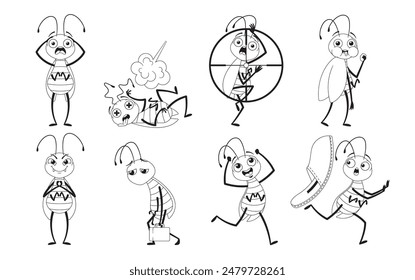 Set Of Black And White Cartoon Cockroach Characters In Various Action Poses. Includes Expressions Of Fear, Anger