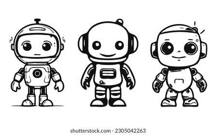 Juego de dibujos animados en blanco y negro robots lindos para el libro de colorear