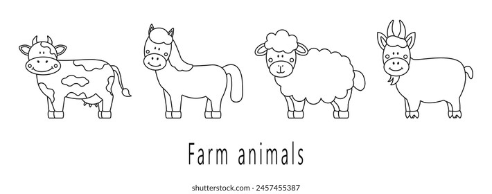 Set of black and white cartoon farm animals: cow, horse, sheep, goat for children's coloring pages. Vector illustration.