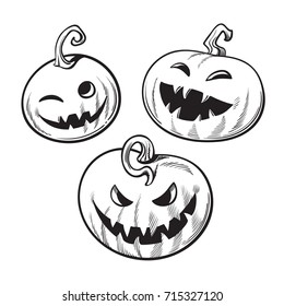 Set of black and white cartoon Halloween pumpkins. Hand drawn vector illustration isolated on white background.