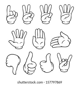Set of black and white cartoon hands showing various gestures.
