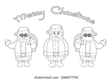 Set von schwarz-weißen Cartoon linearen Weihnachtsklauseln für das Farbbuch. Vektorgrafik von Winterfiguren und froher, handgezeichneter Schriftzeichen