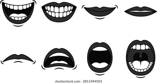 Set of black and white cartoon mouth shapes showing different emotions and expressions including smiling laughing and shouting
