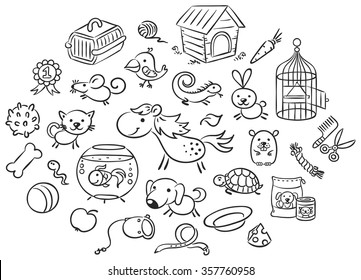 Set of black and white cartoon pet animals with accessories, toys and food