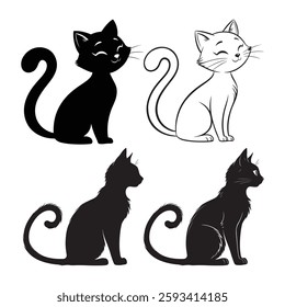Set of black and white cat silhouettes.