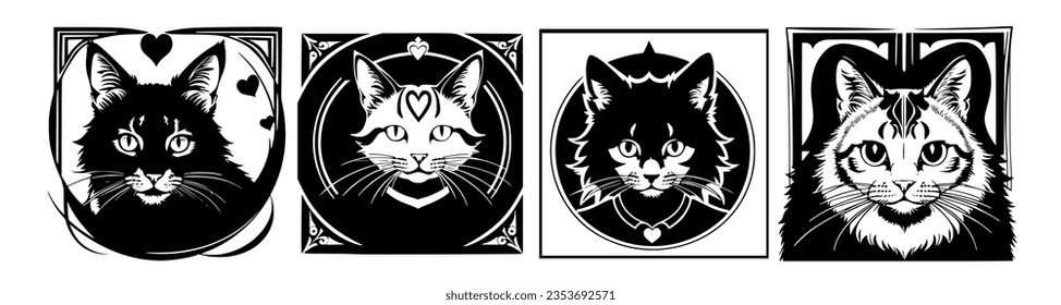 Colocar gatos negros y blancos en una fila, simétrico, vectorial art, art deco. avatar de caricatura. Gatos tatuajes.