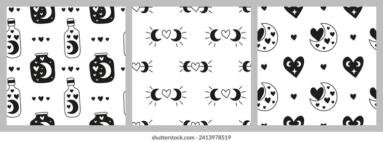 Set of black and white celestial boho seamless patterns with arrows, moon, hearts. Simple backgrounds for Valentines day celebration.