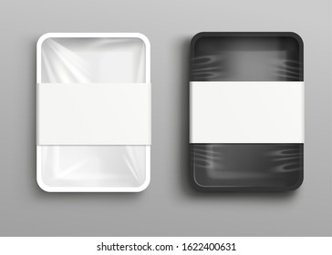 Set of black and white cellophane covered food container or storage package, realistic vector mockup illustration isolated on background. Products package wrapped with film.