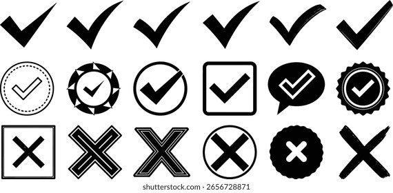 Set of black and white check and cross icons in various styles. This image features check, cross, icon, symbol, tick.