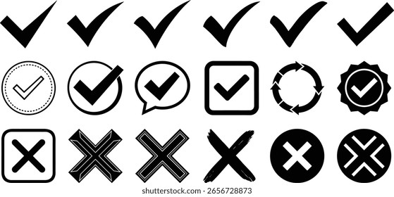 Conjunto de iconos de cuadros y cruces en blanco y negro en varios estilos. Esta Imagen incluye check, cross, icon, symbol, graphic.