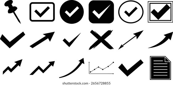 Conjunto de marcas de verificación en blanco y negro, flechas y otros símbolos sobre un fondo blanco.