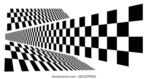 Set of black and white checkered flag designs showcasing extreme perspective and distorted tunnel visual effects.