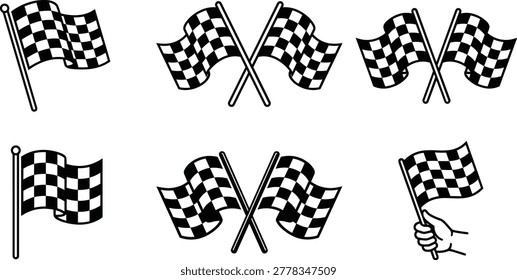 Set of black and white checkered racing flags in different compositions including crossed flags and hand held options for motorsport events
