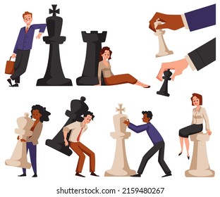 Set black and white chess with business people. Business strategy - chess game. Creative thinking with chess, flat style, vector illustration on white background.