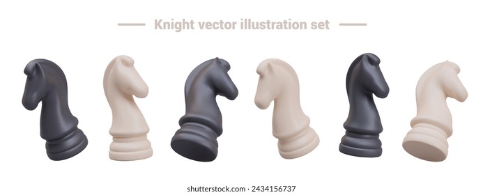 Set of black and white chess knights in different positions