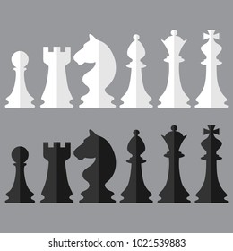 Set of black and white chess pieces icons in paper style isolated on the gray background. Vector illustration